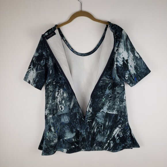 Piazza Sempione Scuba Top Short Sleeve Peplum Blue Gray Marble Size 40 US 6 - Picture 6 of 9